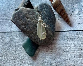 North Devon White Seaglass Pendant wrapped with silver copper wire loops, valentines, birthday, handmade gift, recycled, eco
