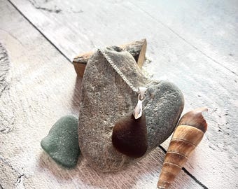 Brown Seaglass Necklace UK, Rare Sea Glass Pendant, Coastal Jewellery Gift for Her, Ocean Inspired Necklace, Handmade Beach Glass Jewellery