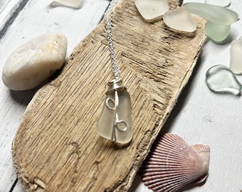 North Devon White Seaglass Pendant wrapped with silver copper wire, valentines, birthday, handmade gift, recycled, eco
