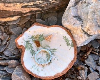 Scallop Shell trinket dish, decoupaged with plant detail, Seaglass and shell, fished with a copper edge