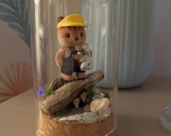 Gus the Seaglass Hunter – Handmade Miniature Under Glass Dome | Coastal Decor | One of a Kind Sylvanian Style Diorama