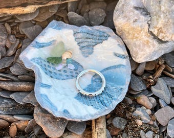 Scallop Shell trinket dish, decoupaged with blue shell detail, Seaglass and shell, fished with a silver edge