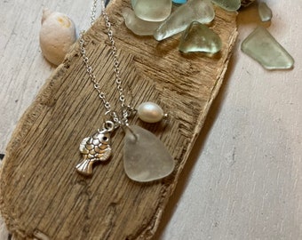 Genuine North Devon Seaglass Pendant, white, Fish Charm, eco, recycle, gift, birthday, Baroque Freshwater cultured Pearl charm