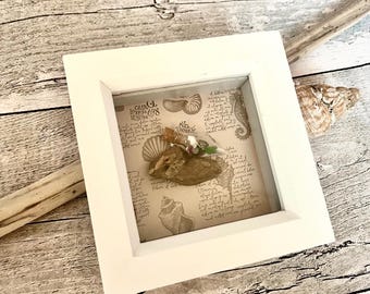 Seaglass Art Frame UK, 3D Seaglass Picture, Coastal Wall Art, Beach Glass Decor, Handmade Seaglass Gift, Ocean Inspired Shadow Box 10x10cm