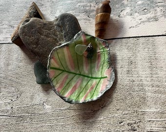 Small hand decorated Scallop Shell trinket dish, decoupaged with pink and green foliage, Seaglass and shells, fished with a silver edging