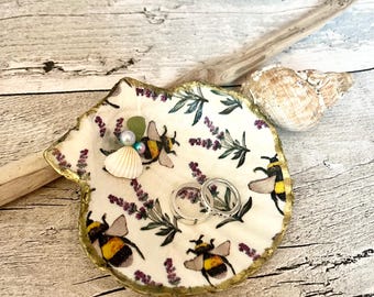 Large Scallop Shell trinket dish, decoupaged with Bee and Lavender detail, Seaglass and shells, fished with a Gold edge
