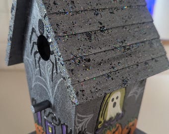 Hand-Painted Halloween Birdhouse, Glow in the Dark Spiderwebs, Jack O' Lanterns