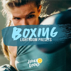 May include: A blue and white graphic with the text "BOXING LIGHTROOM PRESETS" and a logo with the text "Juicy Looks" and a yellow lemon slice.