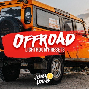Könnte beinhalten: Ein leuchtend orangefarbener Land Rover Defender mit dem Text "OFFROAD LIGHTROOM PRESETS" in Weiß auf rotem Hintergrund. Der Text "Juicy LOOKS" ist in Weiß auf gelbem Hintergrund mit einer Zitronengrafik.