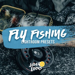 Puede incluir: Presets de Lightroom para la pesca con mosca para editar fotos. La imagen muestra una caña de pescar con mosca, un carrete y una caja de moscas.