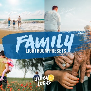 Könnte beinhalten: Eine Collage von Bildern, die Familien in verschiedenen Umgebungen zeigen. Die Bilder zeigen eine Familie, die am Strand spaziert, eine Familie, die sich an den Händen hält, und eine Familie, die auf einem Feld mit Blumen spaziert. Der Text "FAMILY LIGHTROOM PRESETS" ist in einem blauen und weißen Pinselstrich-Design dargestellt.