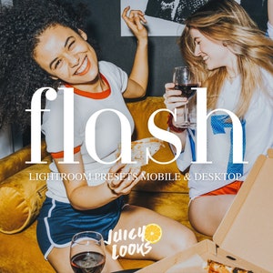 Puede incluir: Imagen con la palabra "flash" en blanco y el texto "Lightroom Presets Mobile & Desktop" debajo. Dos personas sonríen, sosteniendo pizza y copas de vino. La imagen tiene una estética cálida y acogedora.