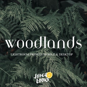 Könnte beinhalten: Ein Grafikdesign für Lightroom-Voreinstellungen namens "Woodlands" mit einem grünen Farn-Hintergrund und dem Text "Juicy Looks" mit einem Zitronensymbol.