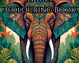 May include: Adult colouring book cover featuring a colourful illustration of an elephant with intricate patterns. The text "Adult Colouring Book" and "Colour Stress Away" is printed on the cover.