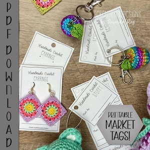 May include: Printable market tags for handmade crochet items. The tags are white with black text and include the words "Handmade Crochet" and "Made by". There are also tags for "Keychain", "Stuffy", and "Carrings".