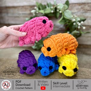 Puede incluir: Una colección de cerdos de ganchillo hechos a mano en colores vibrantes: rosa, naranja, morado, azul y amarillo. Cada cerdo tiene ojos de botón negros y un hocico. La imagen incluye texto: "PDF Download Crochet Pattern" y "Skill Level: Intermediate."