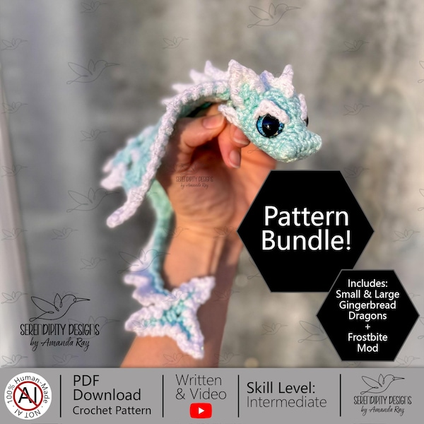 PDF + VIDEO BUNDLE Frostbite Lava Pocket Dragon Crochet Pattern: Fierce, Glider, Emperian ARSerendipityDesigns