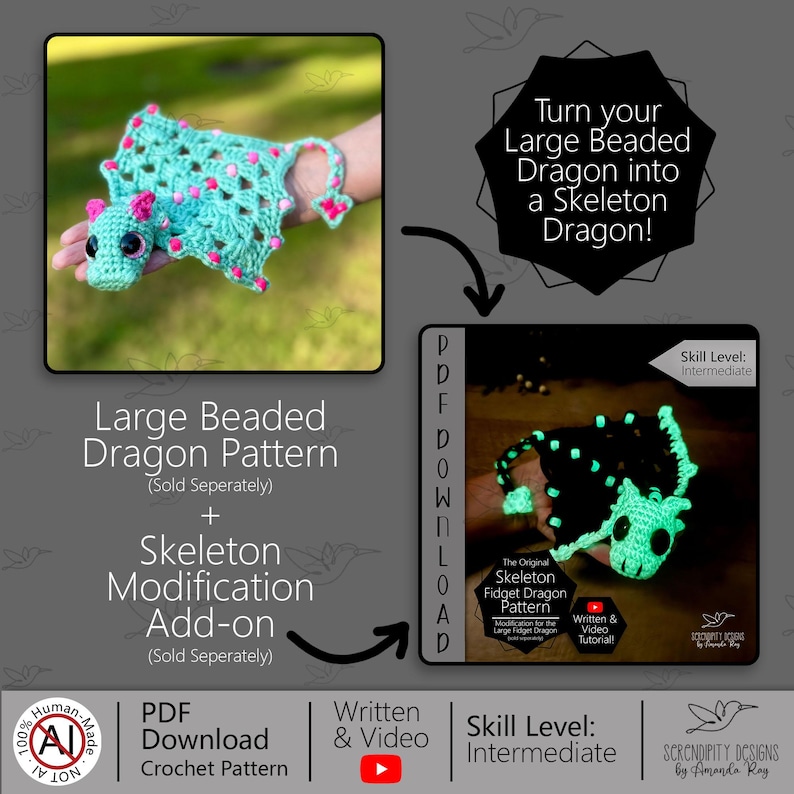 May include: A crochet pattern for a large beaded dragon and a skeleton modification add-on. The image shows a turquoise dragon with pink accents and a black and green skeleton dragon. The pattern is a PDF download with written and video instructions.