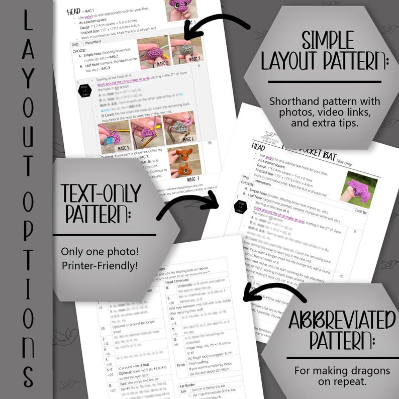 Puede incluir: Una colecci&oacute;n de patrones de ganchillo, incluido un patr&oacute;n de "Pocket Bat", con varias opciones de dise&ntilde;o. La imagen presenta texto y diagramas, con opciones para patrones simples, solo texto y abreviados. Los patrones incluyen fotos, enlaces de video y consejos adicionales.