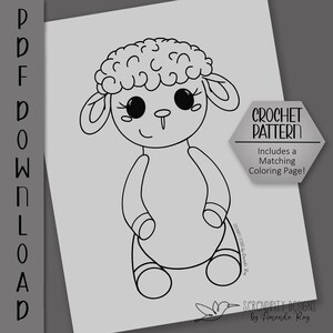 May include: A black and white line drawing of a cute cartoon sheep with big eyes. The sheep is sitting with its legs crossed. The image includes the text "CROCHET PATTERN" and "Includes a Matching Coloring Page!"
