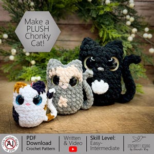 K&ouml;nnte beinhalten: Drei handgefertigte Pl&uuml;schkatzenspielzeuge. Die Katzen sind schwarz, grau und Calico, mit gro&szlig;en, runden Augen. Der Text "Make a PLUSH Chonky Cat!" befindet sich in einem Sechseck &uuml;ber den Katzen. Der Schwierigkeitsgrad ist einfach bis mittel.