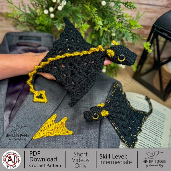 PDF Large Pocket Dragon Crochet Pattern: Adult Pocket Square, Glider, Toy, Bookmark, Snuggler ARSerendipityDesigns