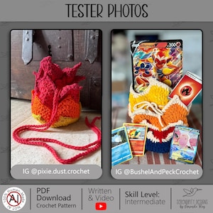 May include: Two crochet pouches with flame-like designs in red, orange, and yellow yarn. One pouch features long red ties, while the other holds several trading cards, including an Infernape V card, with text labels identifying tester photos.