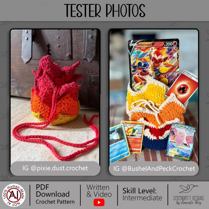 May include: Two crochet pouches with flame-like designs in red, orange, and yellow yarn. One pouch features long red ties, while the other holds several trading cards, including an Infernape V card, with text labels identifying tester photos.