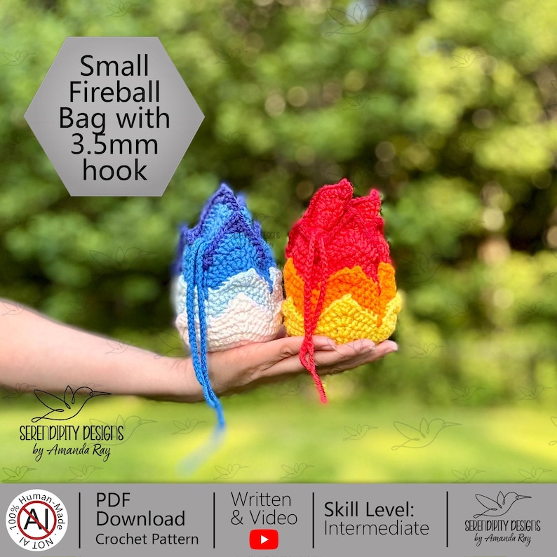 May include: Two small crochet bags with drawstring closures. One bag features a blue, light blue, and white chevron pattern. The other bag features a red, orange, and yellow flame-like pattern. Text reads: Small Fireball Bag with 3.5mm hook.