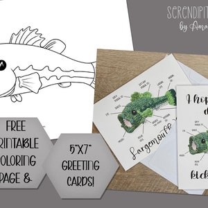 May include: A collection of fish-themed items, including a black and white coloring page, 5"x7" greeting cards, and a crocheted fish model. The cards feature a crocheted fish diagram and the phrase "I hope your day kicks bass!"