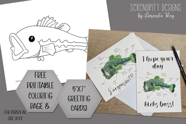 May include: A collection of fish-themed items, including a black and white coloring page, 5"x7" greeting cards, and a crocheted fish model. The cards feature a crocheted fish diagram and the phrase "I hope your day kicks bass!"