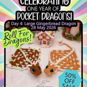 PDF + VIDEO Large Gingerbread Pocket Dragon Crochet Pattern: Valentine's, Sugar Cookie, Birthday Cake, Fidget, Glider ARSerendipityDesigns