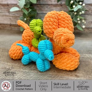 May include: A selection of colourful, handmade crochet toys. The image shows an orange dog, a blue balloon animal, and a green plant, all crafted from soft, textured yarn. The text on the image reads "PDF Download Crochet Pattern" and "Skill Level: Intermediate."