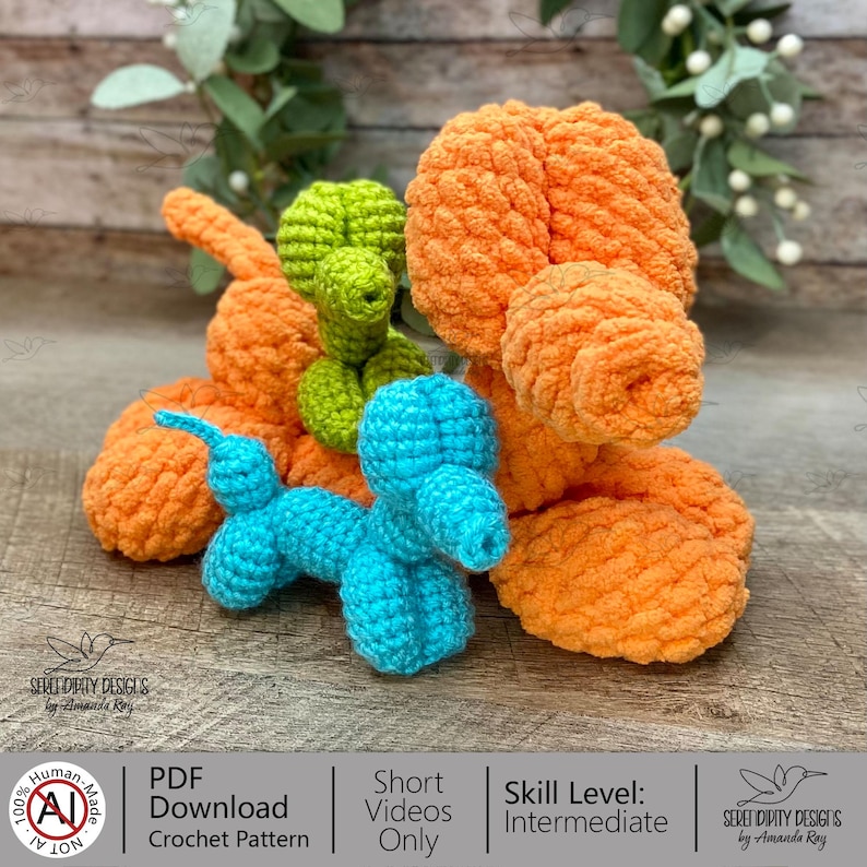 May include: A selection of colourful, handmade crochet toys. The image shows an orange dog, a blue balloon animal, and a green plant, all crafted from soft, textured yarn. The text on the image reads "PDF Download Crochet Pattern" and "Skill Level: Intermediate."