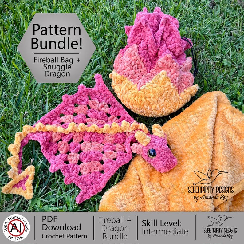 Patrón de ganchillo PDF + VIDEO Fireball Dragon Nap Time Bundle de ARSerendipityDesigns imagen 1