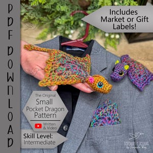 Puede incluir: Un dragón de ganchillo con acentos naranjas, amarillos, verdes y rosas se sostiene frente a una blazer gris. El dragón tiene ojos azules y una nariz rosa. También se ven un segundo dragón y un pañuelo de bolsillo. El texto en la imagen dice "Small Pocket Dragon Pattern".
