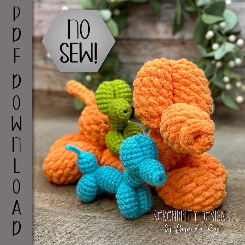 May include: A selection of handmade crochet balloon animal toys in orange, green, and blue. The image includes the text "NO SEW!" and "PDF DOWNLOAD". The toys are arranged on a wooden surface.