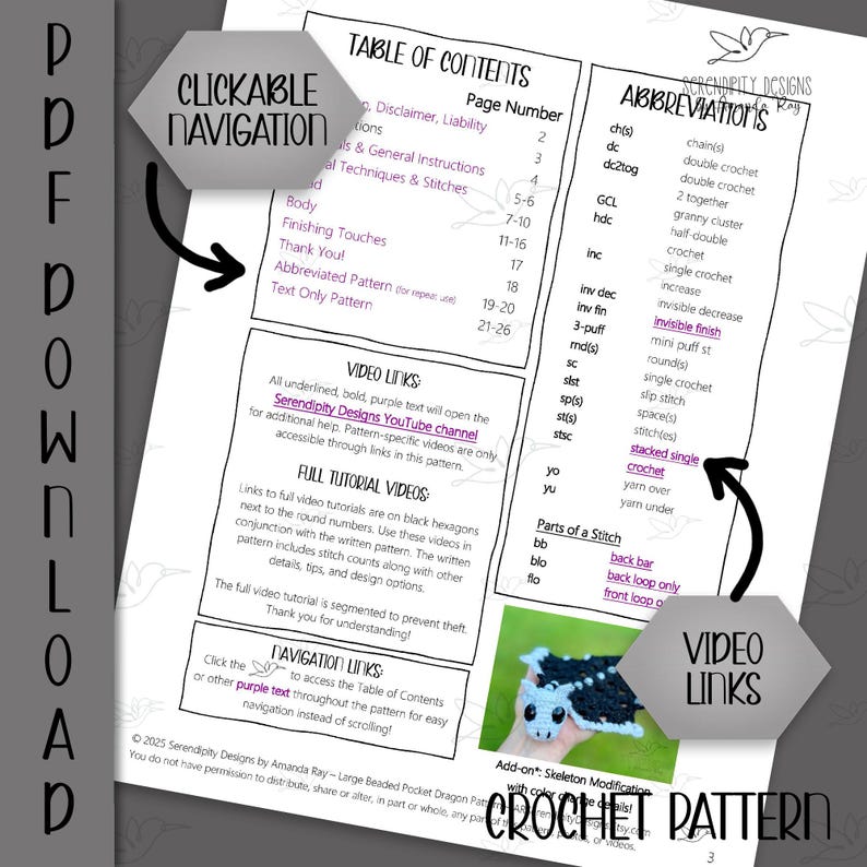 May include: A crochet pattern PDF with a table of contents, abbreviations, and video link instructions. The pattern includes sections on body, finishing touches, and text-only patterns. The image also shows a crochet project.