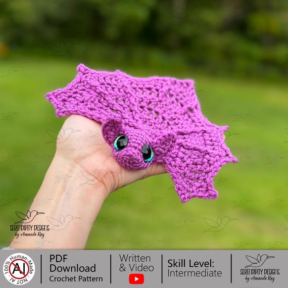 PDF + VIDEO  Large Pocket Bat Crochet Pattern: Gliding, Glider, Snuggler, Bookmark, Pocket Square  ARSerendipityDesigns