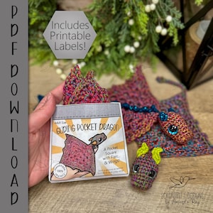 May include: A handmade crochet Gliding Pocket Dragon, with a pocket square and wings. The image includes a label that says "Includes Printable Labels!" and "Adult Size Gliding Pocket Dragon". The dragon is multi-colored.