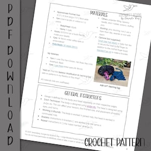 May include: A crochet pattern page with detailed instructions and material lists. Includes approximate finished size of 12.5 inches long by 7.5 inches wide. Features a list of materials, including yarn, hooks, and safety eyes, and general instructions.
