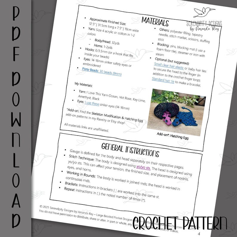 May include: A crochet pattern page with detailed instructions and material lists. Includes approximate finished size of 12.5 inches long by 7.5 inches wide. Features a list of materials, including yarn, hooks, and safety eyes, and general instructions.