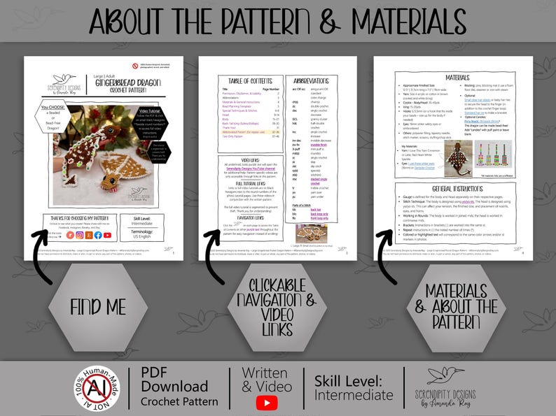 May include: Digital crochet pattern for a Gingerbread Dragon, with pages detailing materials, abbreviations, and instructions. The pattern includes video links and is rated as intermediate skill level. The text says "About the Pattern & Materials".