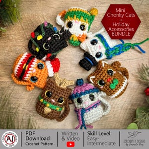 PDF + VIDEOPAKET Mini Chonky Cat & Holiday Accessories Ornament Virkade Amigurumi Mönster Handledning ARSerendipityDesigns