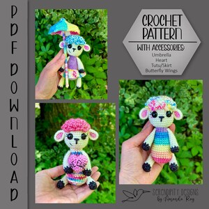 May include: Crochet pattern for a rainbow colored lamb with various accessories, including an umbrella, heart, tutu/skirt, and butterfly wings. The pattern is available for download as a PDF.