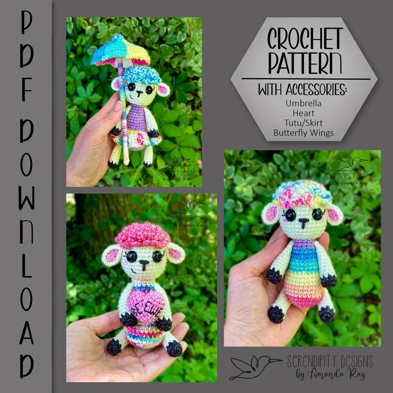 May include: Crochet pattern for a rainbow colored lamb with various accessories, including an umbrella, heart, tutu/skirt, and butterfly wings. The pattern is available for download as a PDF.