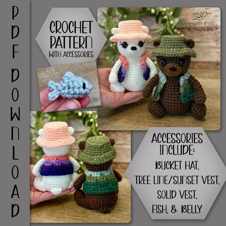 Pu&ograve; includere: Schema di uncinetto per un orso e un orso polare che indossano cappelli e gilet. Lo schema include istruzioni per realizzare un cappello a secchiello, un gilet a linea di alberi/tramonto, un gilet tinta unita, un pesce e una pancia.