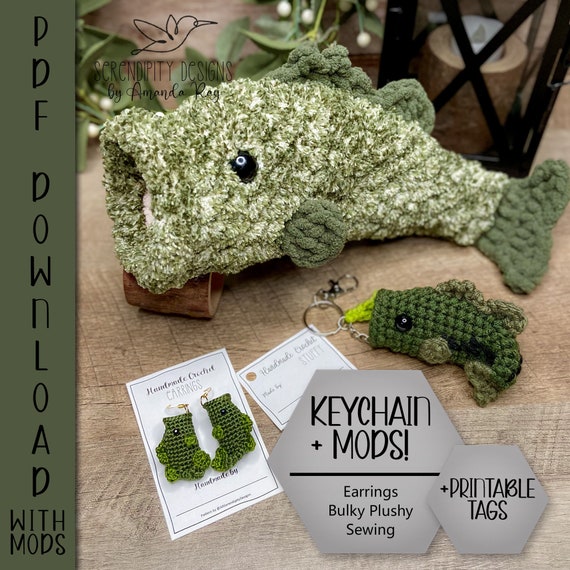 PDF Largemouth Bass Fish MOD Keychain Ornament Earrings Plush Pattern Printable Labels Tags Tutorial ARSerendipityDesigns