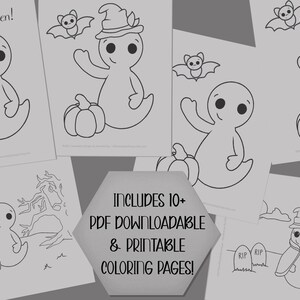 May include: A set of 10+ printable coloring pages featuring cute ghost illustrations with pumpkins and bats. The text "Happy Halloween!" and "INCLUDES 10+ PDF DOWNLOADABLE & PRINTABLE COLORING PAGES!" is included on the pages.