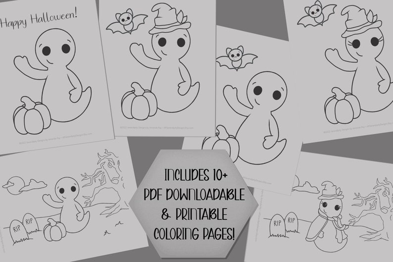 May include: A set of 10+ printable coloring pages featuring cute ghost illustrations with pumpkins and bats. The text "Happy Halloween!" and "INCLUDES 10+ PDF DOWNLOADABLE & PRINTABLE COLORING PAGES!" is included on the pages.